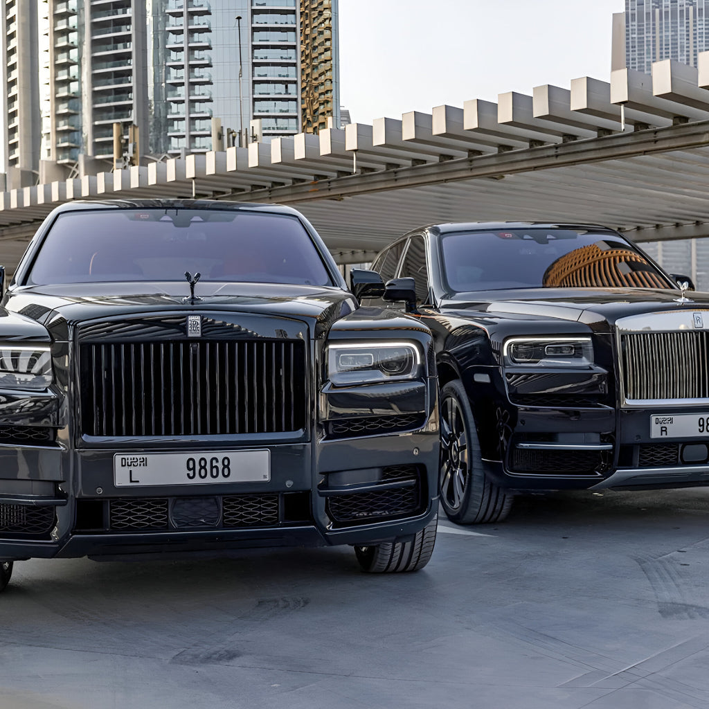 Rolls Royce Cullinan Rental Dubai Front Of Two Cars View