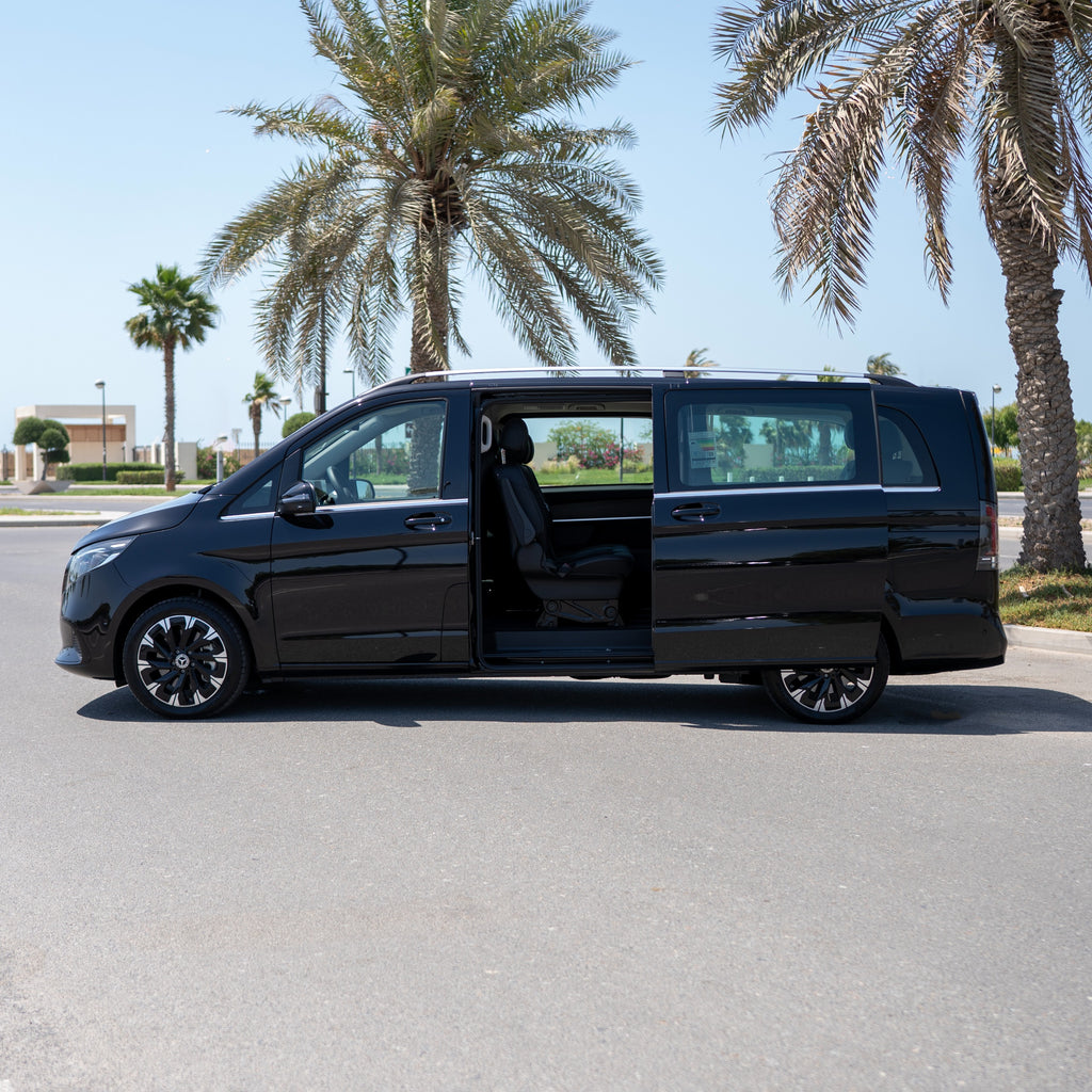 Mercedes V300 side view showing luxury van exterior in Dubai