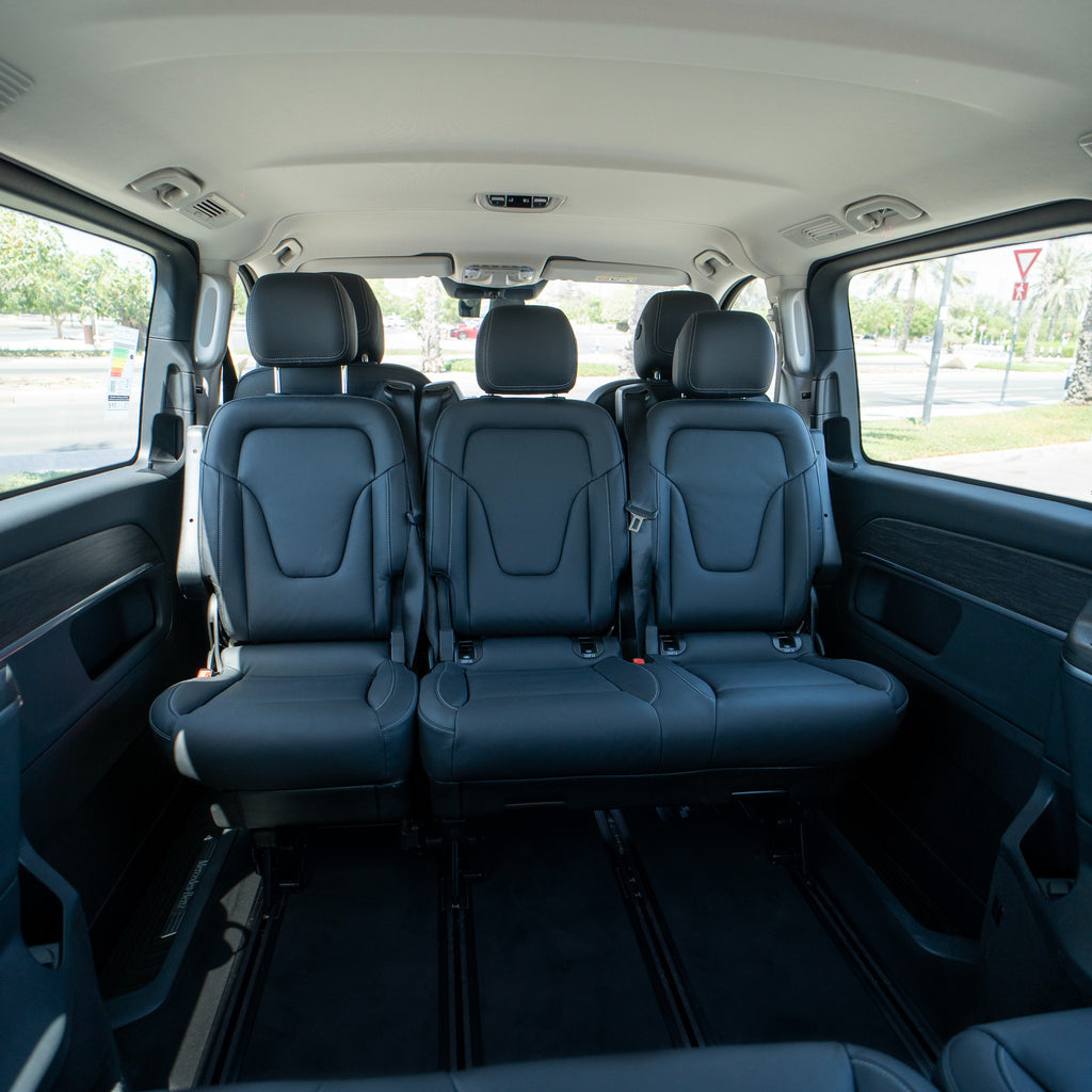 Mercedes V300 spacious cabin interior with premium features in Dubai